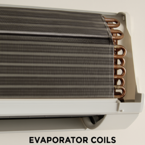 This is a close-up view of an AC evaporator coil inside the indoor unit. It features curved metal tubes and thin aluminum fins designed to absorb heat from the indoor air.