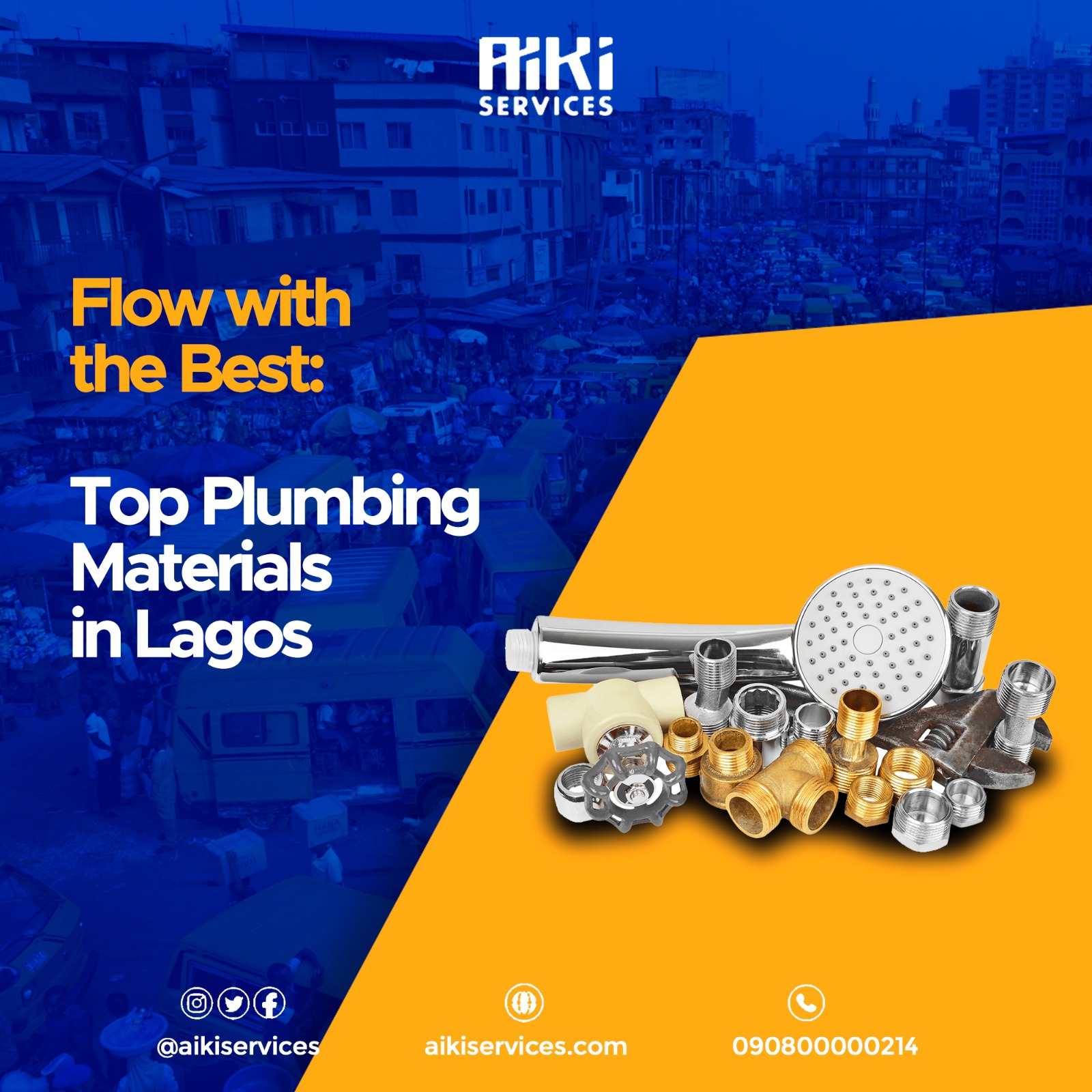 Lagos Plumbing Supplies: Top Materials, Best Prices. An image with blue and custard yellpe with a transparent lagos market and some plumbing materials by the side.